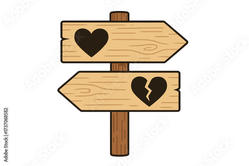 Wooden Signpost with Two Directional Arrows Showing Love and Heartbreak Symbols, Relationship Choices Concept, Relationship Decision, Emotional Pathways, Isolated Vector Illustration