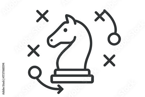 Business strategy and tactics vector icon. Chess knight with a game plan diagram. Strategic planning, management, and leadership concept. Line art of a horse making a move.