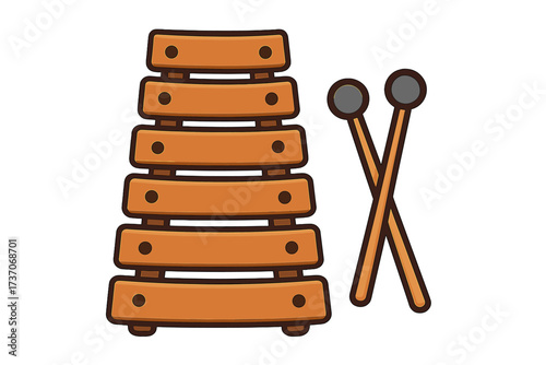 Wooden xylophone vector icon. Music instrument for kids. Cartoon illustration of a toy glockenspiel with mallets for creative learning, isolated on a transparent background.