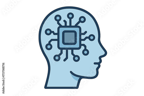 Human head with AI processor chip icon. Concept of artificial intelligence, machine learning, deep learning. Digital brain, cyborg technology, humanoid mind, future innovation.