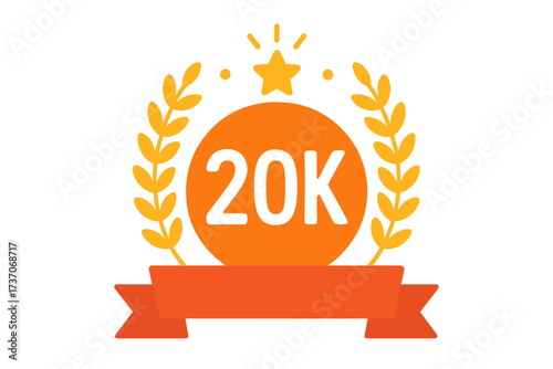 20K Followers Milestone Badge with Laurel Wreath and Star, Social Media Achievement Emblem, Orange Celebration Ribbon, Thank You 20,000 Followers Vector Illustration, Transparent Background