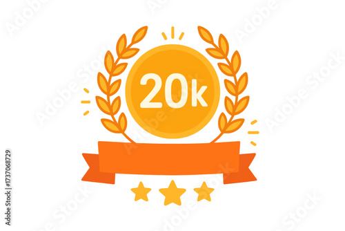 20k followers milestone badge with laurel wreath, orange ribbon, and three stars. Social media achievement celebration, thank you design, vector illustration, transparent background