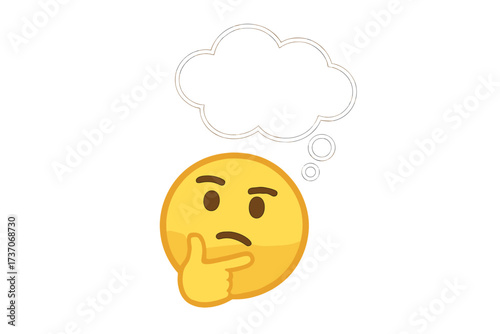 Thoughtful thinking emoticon with hand on chin and thinking bubble above head, pondering concept, idea generation, thinking face emoji, cognitive process illustration, mental brainstorming symbol