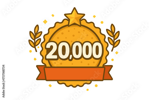 20,000 Followers Milestone Badge, Social Media Goal Celebration, Thank You Vector Illustration with Star and Laurel, Transparent Background, Achievement Award Label
