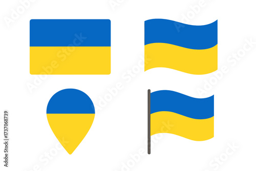 Ukraine flag icon set. Vector collection of Ukrainian national symbols. Waving banner, flagpole and map pin location marker. Blue and yellow patriotic emblem for graphic design.