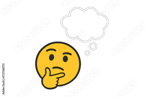 Thoughtful thinking emoticon with hand on chin and empty thought bubble, expression concept idea, pondering emoji, communication symbol, editable vector design