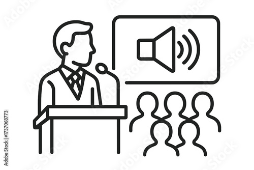 Public speaking icon. Speaker at podium addressing an audience. Business conference, seminar, or lecture concept. Orator making an announcement. Vector line art illustration.