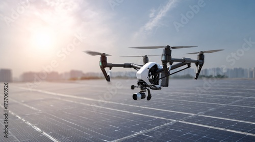 AI powered drone inspecting solar panels on rooftop for automated maintenance and energy efficiency.