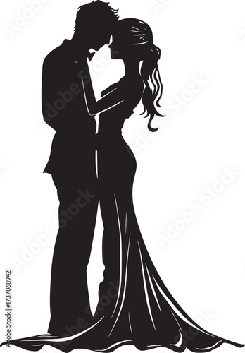 A silhouette of a bride and groom embracing, set against a white background.