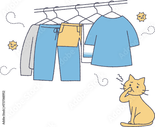 生乾き臭がする洗濯物と猫