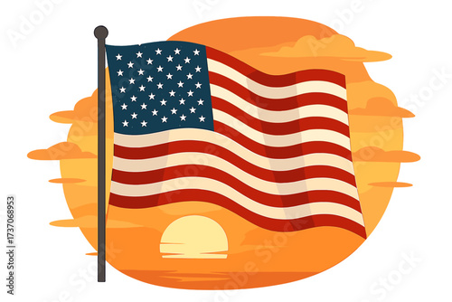United States of America flag waving with sunset sky background, patriotic American symbol vector illustration with stars and stripes, USA national emblem graphic design