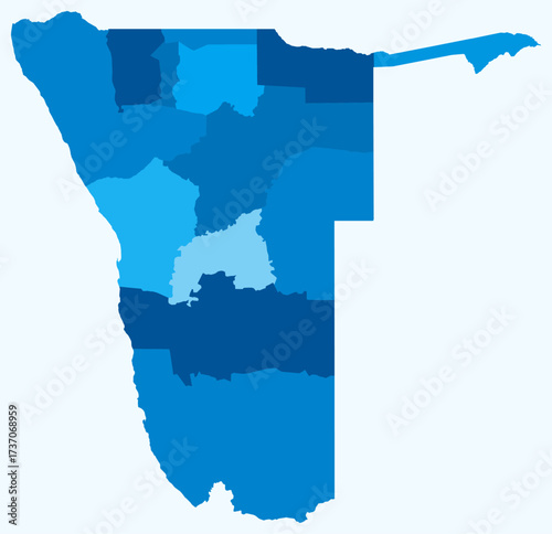 Map of Namibia with regions. Just a simple country border map with region division. Light blue color palette. Flat Republic of Namibia shape with administrative division. Vector illustration.