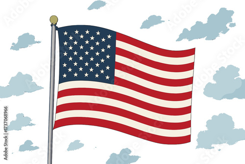 American flag waving on flagpole with blue sky and soft clouds, USA patriotic symbol, stars and stripes, national emblem, independence day vector illustration