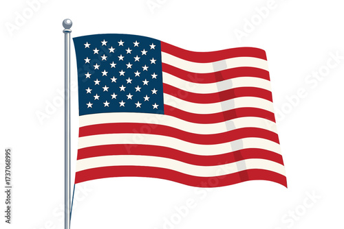 American flag waving on a flagpole vector illustration with transparent background, USA stars and stripes symbol of patriotism and national pride, isolated on white