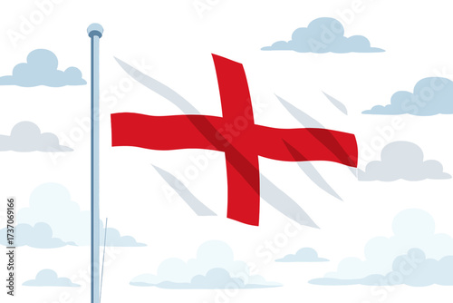 Vector illustration of the England flag waving on a sky background, editable design with transparent background, St George's cross symbol, national identity, patriotic, historic emblem