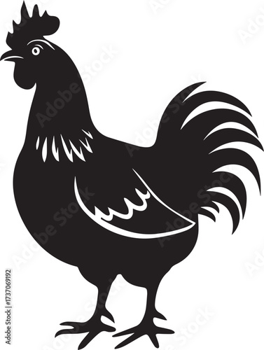 A black and white silhouette of a rooster against a white background.