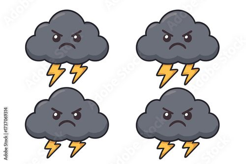 Angry storm cloud emoticon set with thunderbolts. Furious weather character emoji sticker collection. Vector illustration of bad mood, rage, and anger concept icons.
