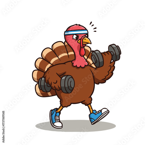 A funny determined turkey, slightly out of breath, is jogging with small dumbbells, wearing a vibrant headband and sneakers in this flat 2D vector illustration on a clean white background.