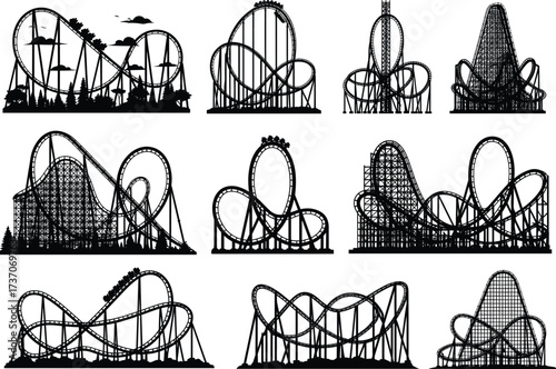 Roller coaster silhouette collection, amusement park ride vector illustration, looping track carnival design, thrill ride black and white entertainment graphic art