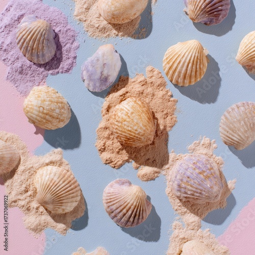 Overhead shot of seashells scattered across a pastel-colored, sandy surface