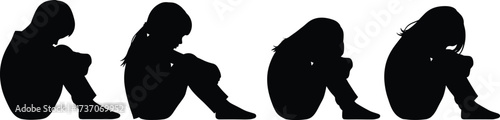 Sad child silhouette sitting alone, depressed kid vector illustration, loneliness, anxiety, mental health awareness, emotional pain, stress, childhood trauma design