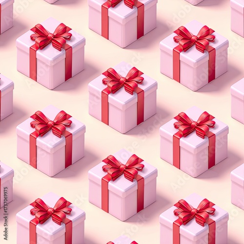Pattern of pastel pink gift boxes with bright red bows and ribbons on a neutral background