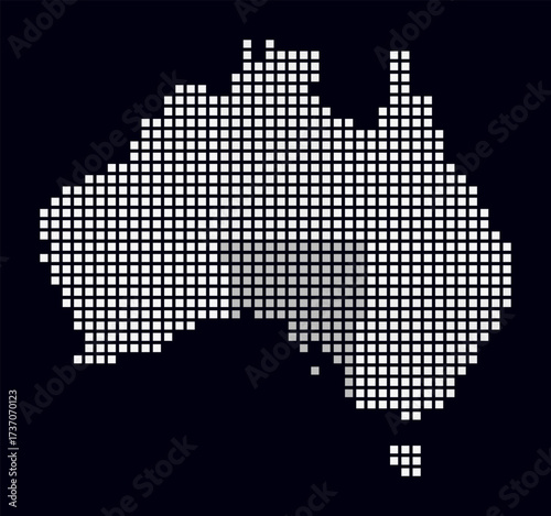 Australia dotted map. Digital style map of the country on dark background. Australia shape with square dots. Colored dots style. Large size squares. Simple vector illustration.