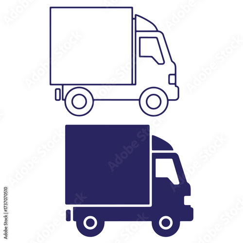 Delivery truck icons outlined and solid blue illustrating freight transportation and logistics