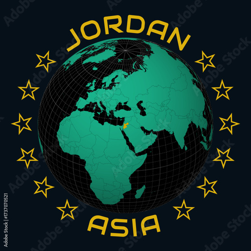 Hashemite Kingdom of Jordan on Globe. Round country and continent name text. Country view on world map in Black Emerald color palette. Jordan shape on map. Artistic vector illustration.