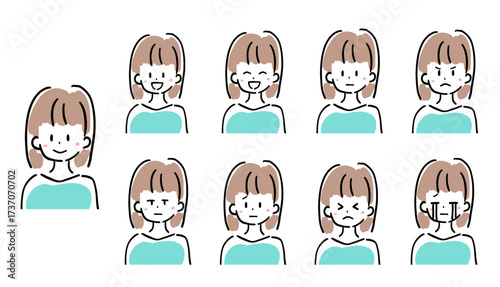 女性のイラスト　表情バリエーションセット