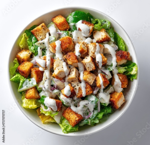 Fresh Caesar salad in white bowl.  Crispy croutons,  grilled chicken,  light dressing