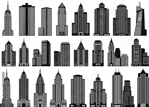 Skyscraper silhouette icons, modern city skyline, high rise buildings, urban architecture, office towers, downtown cityscape, black vector illustration, metropolitan design
