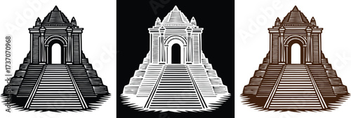 Explore the ancient temple ruins with pyramid steps and archway entrance in monochrome and sepia tones, evoking mystery and historical intrigue