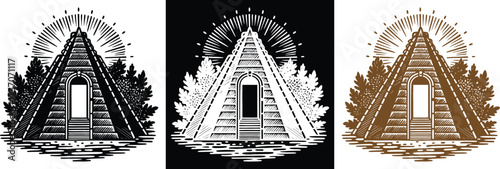 Mystical pyramid with forest gateway beckons exploration, perfect for adventure stories and spiritual concepts, creating an aura of ancient mystery