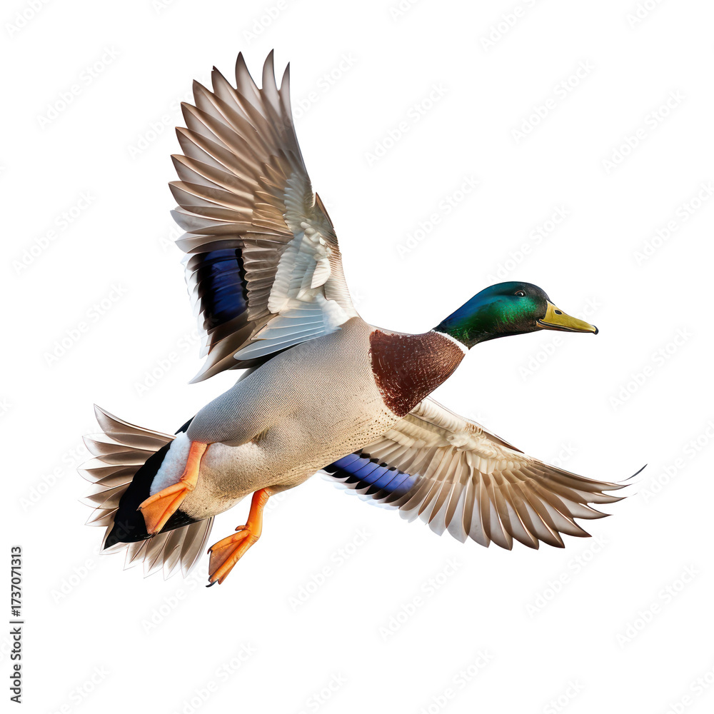 Obraz premium A mallard duck in flight with its wings spread wide.