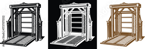 Vintage freight elevator illustration showcasing industrial-era design in black, white, and sepia tones for historical projects and architectural renderings