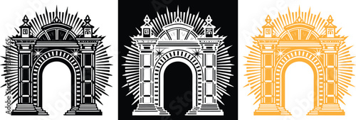 Stunning triumphal archway design showcasing classic architectural style, rendered in elegant monochrome and gold color palettes for versatile use