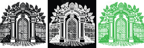 Timeless elegance with this monochrome and vibrant illustration of a gated entrance adorned with lush foliage, ideal for sophisticated designs