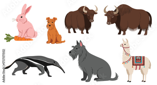 A collection of various animals including a rabbit a dog a yak an anteater and a llama.