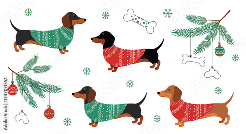 Festive dachshunds in sweaters celebrating the holiday season with decorated trees and snowy elements.