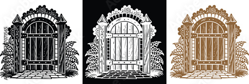 Enchanting woodcut garden gate artwork in black, white, and brown for fantasy illustration or storybook design projects, rustic charm, and vintage appeal