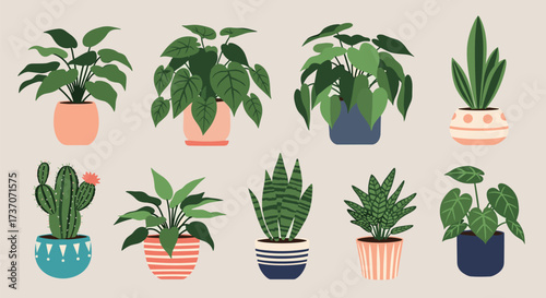 A charming collection of pixel art potted houseplants displayed in various decorative containers.