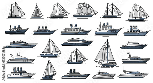 A diverse collection of pixel art illustrations representing various types of watercraft.