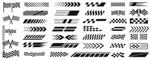 Racing cars and race car stripes set, checkered flag, finish line, motocross labels, dynamic lines, motorsport, racing stripe speed, automotive competition