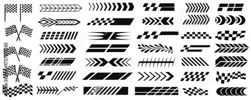 Racing cars and race car stripes set, checkered flag, finish line, motocross labels, dynamic lines, motorsport, racing stripe speed, automotive competition
