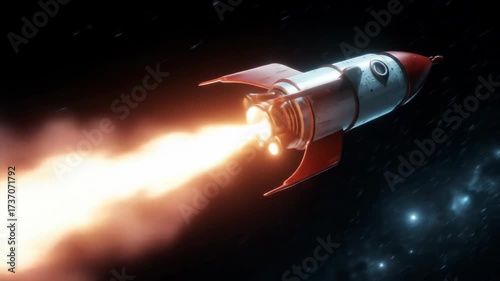 A retro-style rocketship blasts off into space, leaving a fiery trail against a starry backdrop. The vessel is red and white