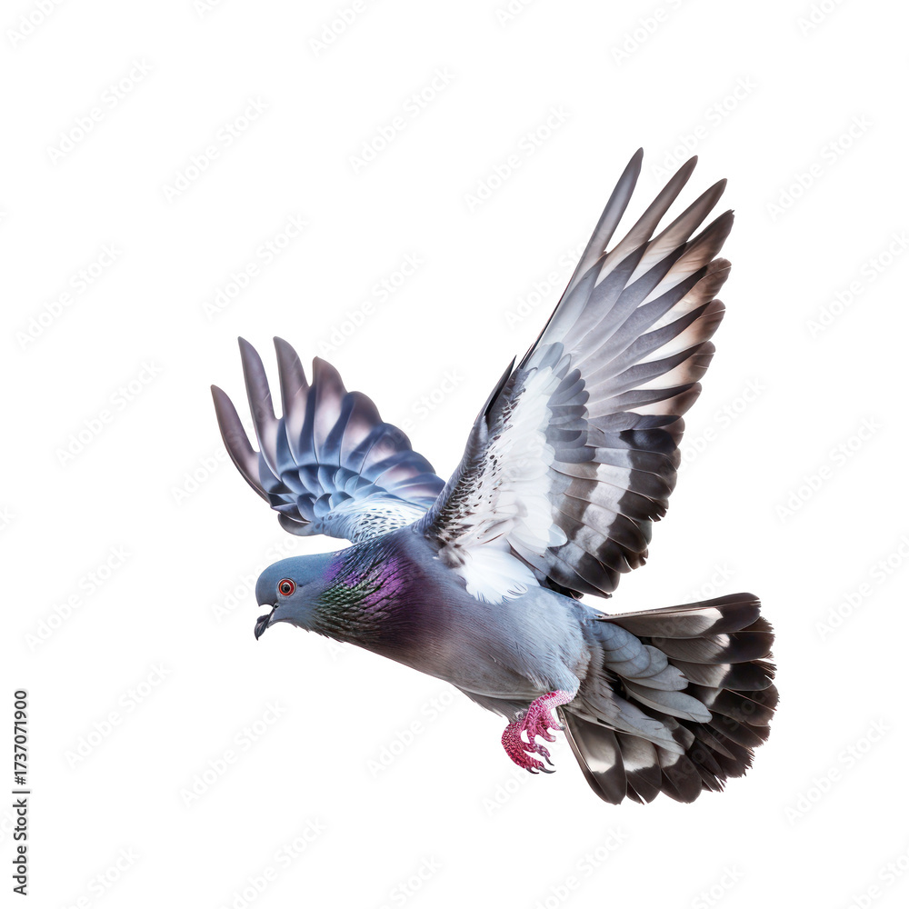 Fototapeta premium A pigeon in flight with its wings spread wide.