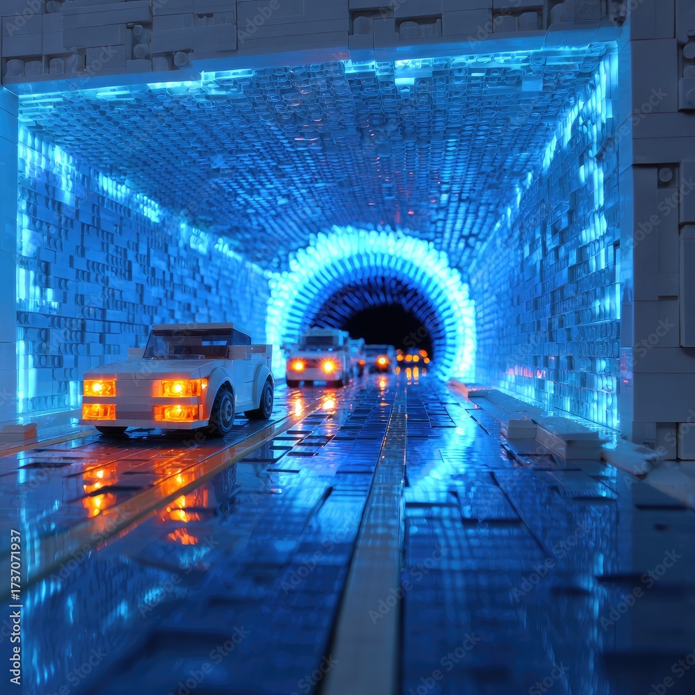 Naklejka premium Futuristic Lego tunnel, cars in motion