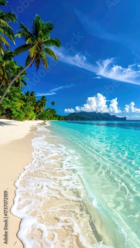 Tropical Beach Paradise with Turquoise Water Palm Trees and White Sand Under Bright Blue Sky on Sunny Day Tranquil Seascape for Summer Vacation