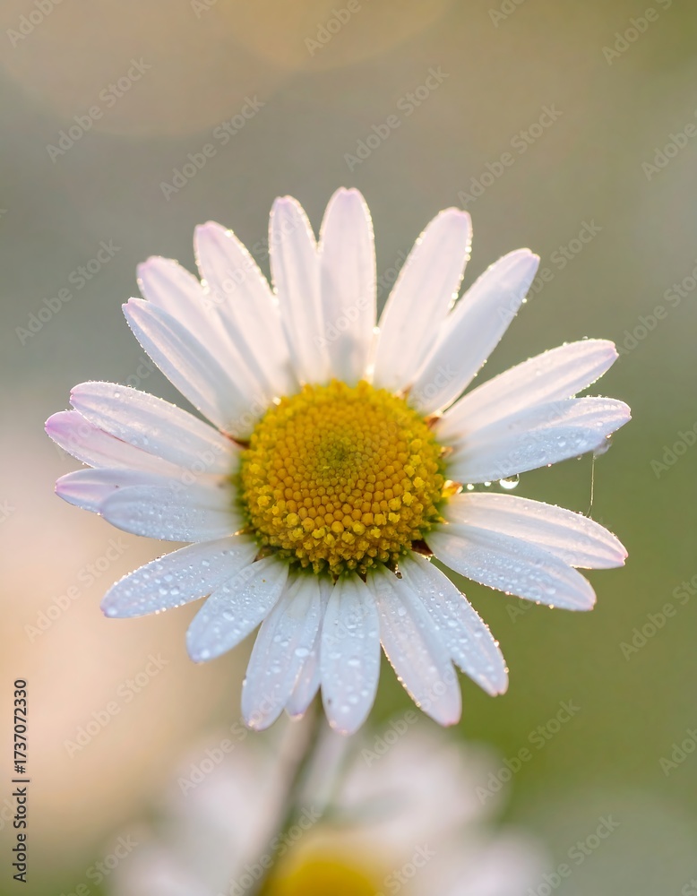Fototapeta premium Close up of daisy flower with yellow center and white petals, fresh dew drops